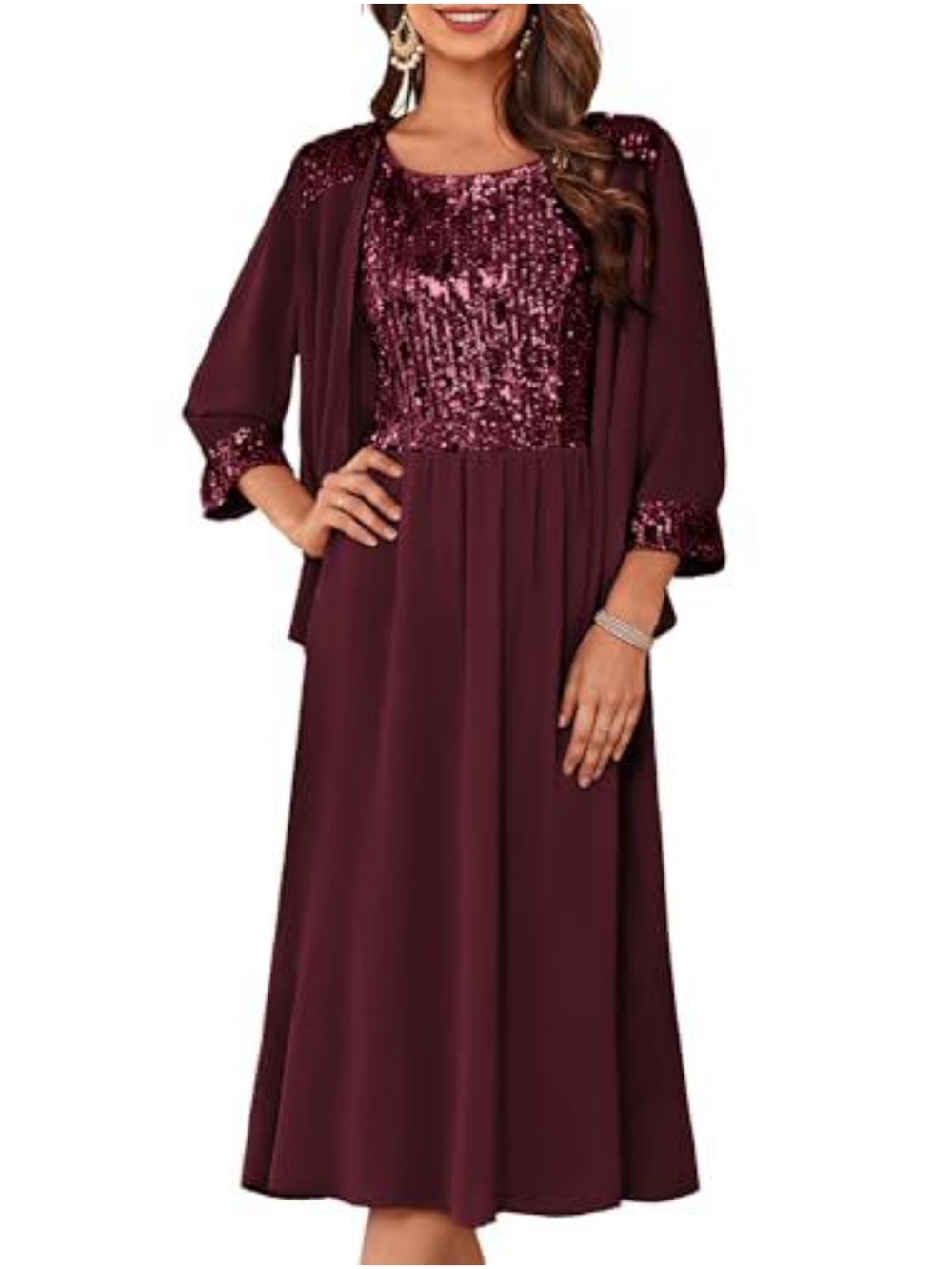NEW GRACE KARIN Two Piece Formal Sequin Dress with Jacket Tea Length (dark red)